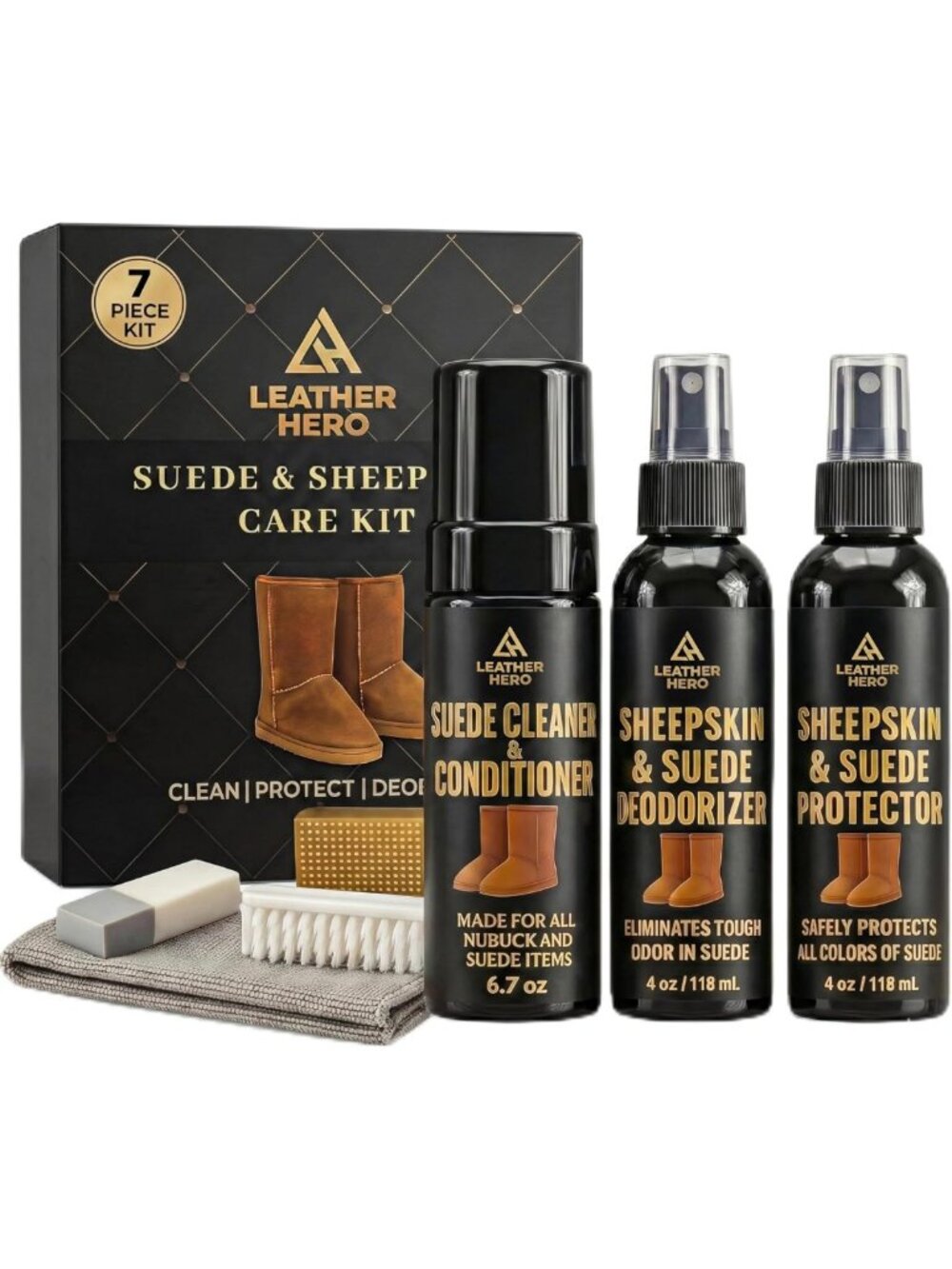 Suede & Sheepskin Care Kit – Foam Cleaner, Conditioner, Protector, Deodorizer